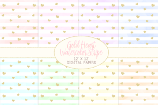 Gold Heart Watercolor Stripe Pattern