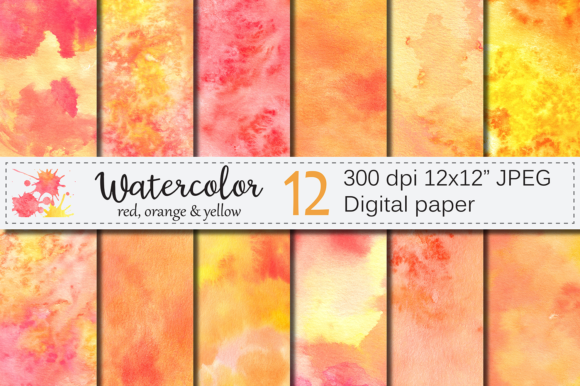 Orange Red Yellow Watercolor Digital Paper, Textures
